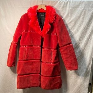 Ladies red plush faux fur coat - size M/L